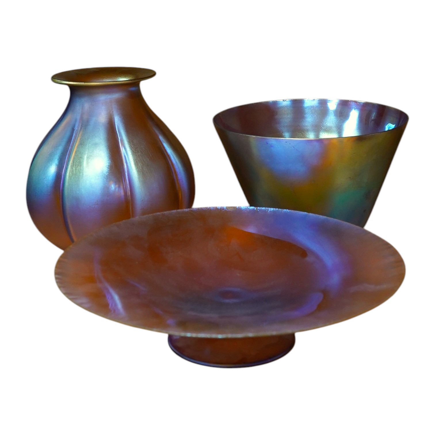 Two WMF Myra iridescent glass vases and a similar tazza, largest 24cm diameter. Condition - tazza chipped at rim, otherwise good